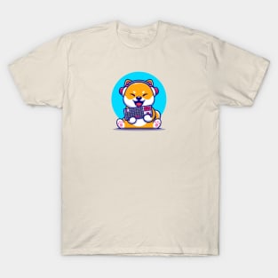 Cute Shiba Inu Gaming Dog With Headphone And Holding  Keyboard Cartoon T-Shirt